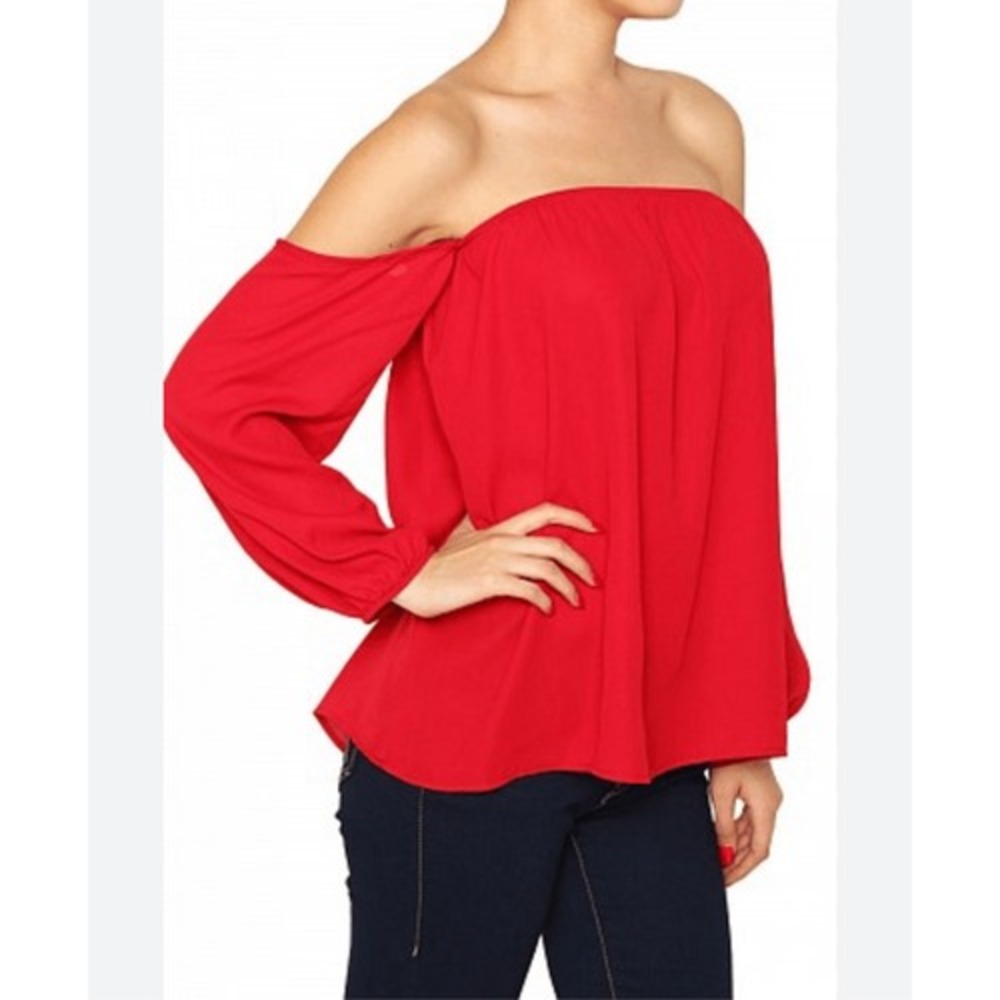J Mode‎ Off Shoulder Sleeves Red Chiffon Blouse SMALL Romantic Y2K Modern NWT